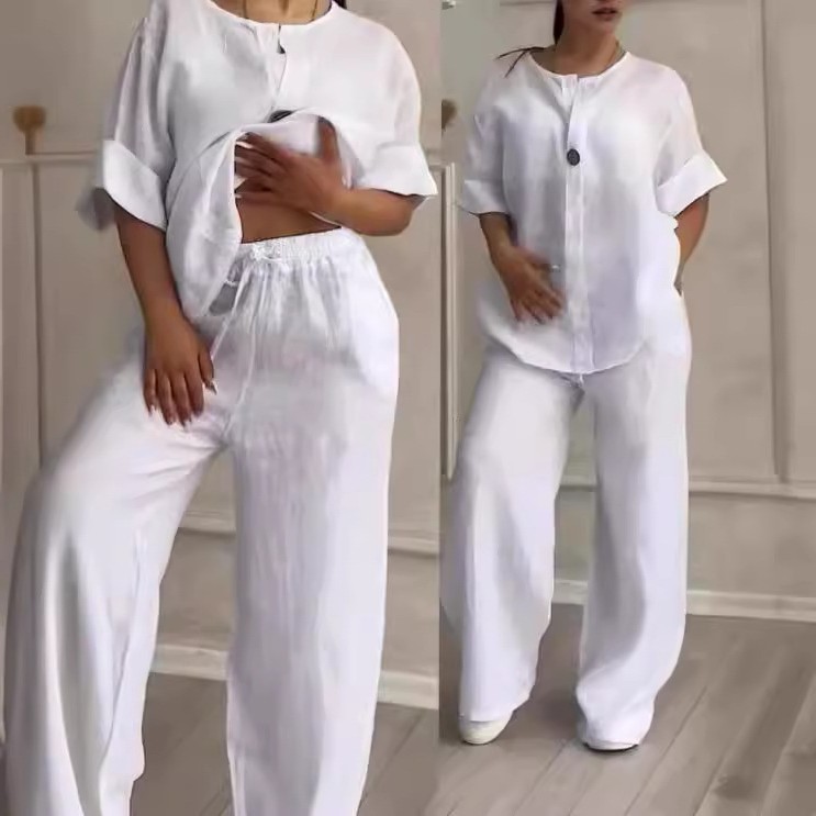 跨境外贸亚马逊时尚欧美女装舒适宽松上衣阔腿裤休闲棉麻套装