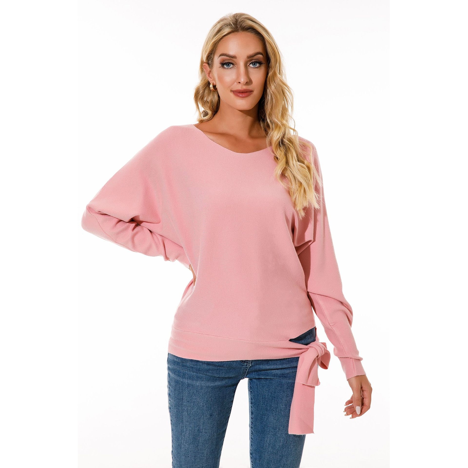 原创欧美外贸新款亚马逊加肥加大码不规则系带宽松打版毛衣女