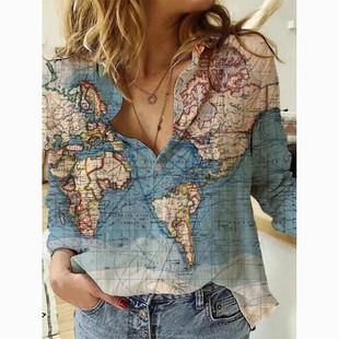 衬衫 女装 亚马逊 印花长袖 衬衣 地图描绘 年欧美秋冬新款