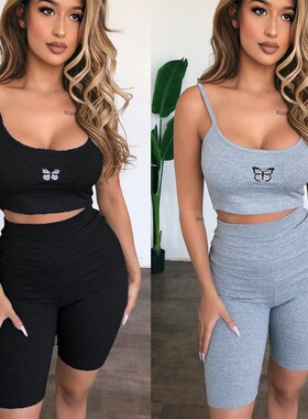 欧美爆款夏季新款女装性感吊带上衣+五分裤 蝴蝶刺绣套装