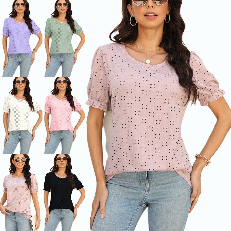 亚马逊独立站欧美跨境外贸女装春夏新款镂空纯色短袖女上衣