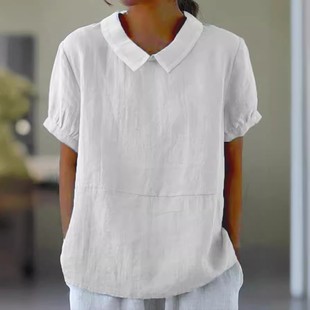 独立站 女短袖 热卖 宽松翻领衬衣 纯棉上衣 新品 速卖通