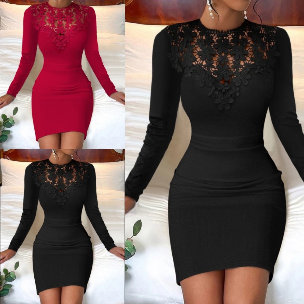 独立站亚马逊爆款 秋冬圆领蕾丝长袖包臀收腰连衣裙女装