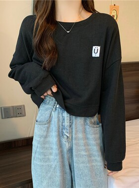 欧洲站短款卫衣女春秋薄款新款韩版宽松学生百搭港风无帽上衣