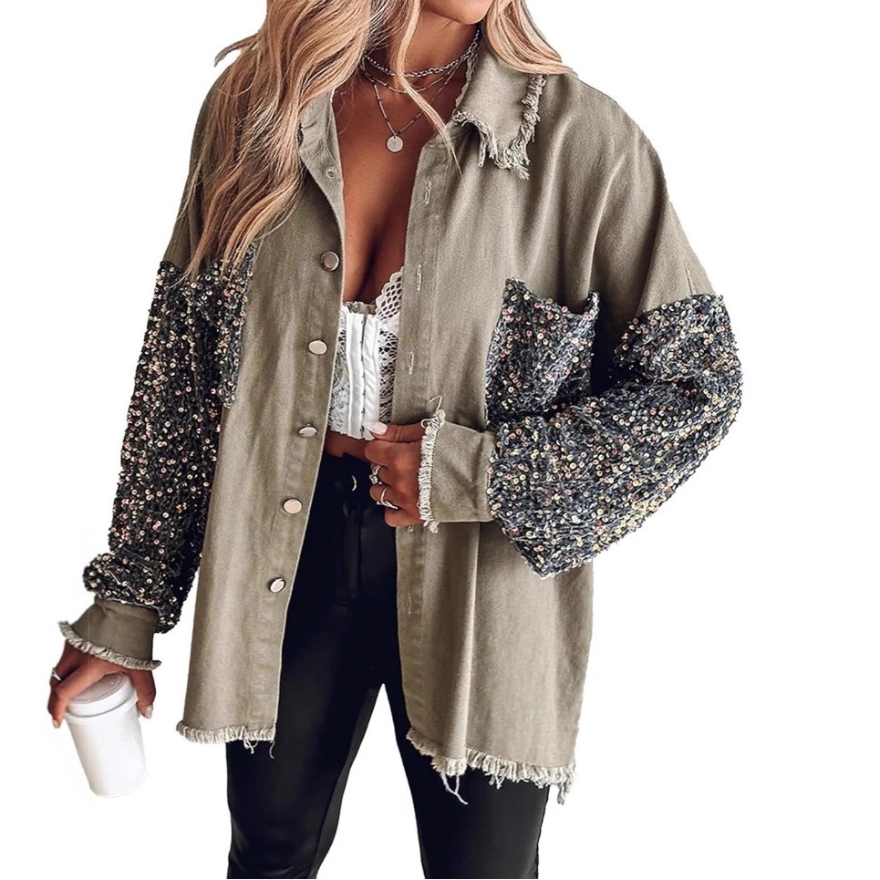 跨境新款欧美牛仔套头长袖亮片拼接牛仔外套