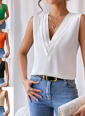 新款跨境欧美亚马逊独立站速卖通纯色无袖个性领恤女