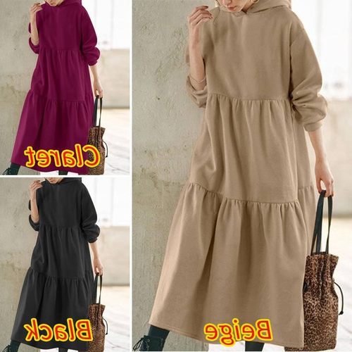 秋冬款速卖通亚马逊纯色卫衣长裙女装 复古女宽松长款卫衣