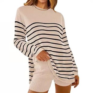 休闲套装 亚马逊欧美跨境女装 上衣和短裤 长袖 休闲两件套针织衫