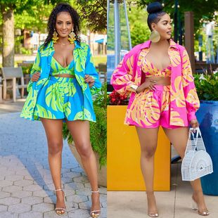 新品 短裤 亚马逊欧美女装 印花衬衫 三件套 性感数码 跨境夏季