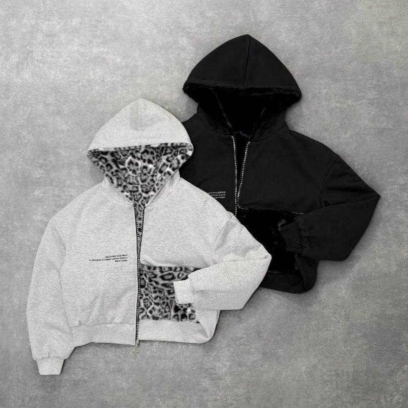 欧美跨境冬季新款豹纹两面穿卫衣街头嘻哈男女款加绒加厚连帽卫衣