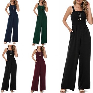 女式 宽腿裤 夏季 无袖 子 休闲缩褶连身衣方领工作连身裤 跨境爆款