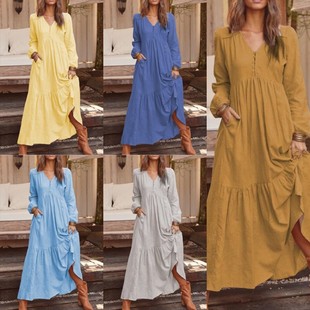 秋冬欧美外贸女装 连衣裙大摆长裙多色 扣子棉麻复古休闲长袖