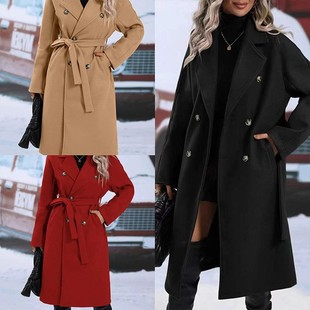 前开口袋长款 长袖 风衣保暖毛呢 亚马逊跨境欧美新款 秋冬季