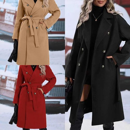 秋冬季亚马逊跨境欧美新款长袖前开口袋长款风衣保暖毛呢