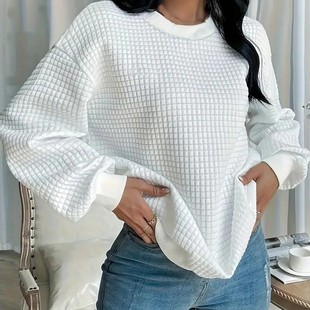 纯色休闲小格调圆领卫衣上衣女 女装 春季 亚马逊跨境欧美新款