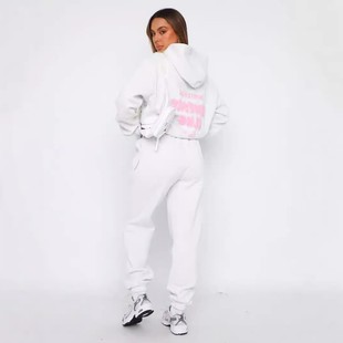 发泡胶印外贸亚马逊欧美女装 立体印花连帽运动两件套 卫衣套装