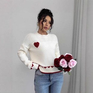 秋冬新款 欧美纯情侣爱心毛衣女跨境亚马逊宽松套头圆领百搭针织衫
