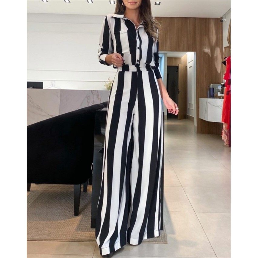 欧美秋季休闲时尚黑白条纹纽扣口袋设计衬衫阔腿裤两件套,个性定制/设计服务/DIY,连衣裙加工定制,淘宝优惠券,粉丝福利购,淘宝优惠卷