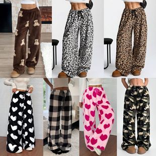直筒阔腿裤 豹纹拖地长裤 欧美休闲裤 欧美跨境亚马逊潮流新款