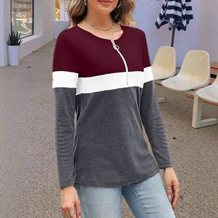 撞色条纹宽松长袖 独立站欧美跨境女装 新款 亚马逊秋季