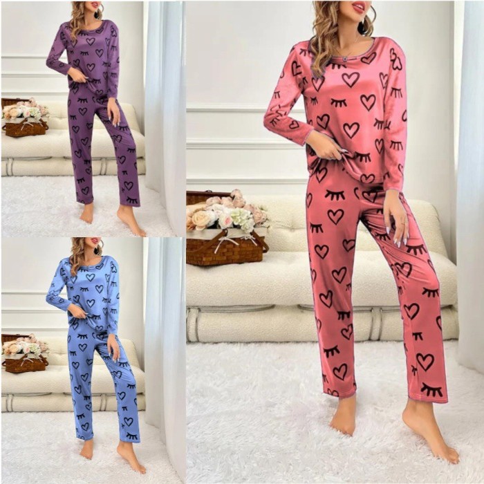 欧美亚马逊秋冬新款爆款长袖长裤印花睡衣两件套家居服女装