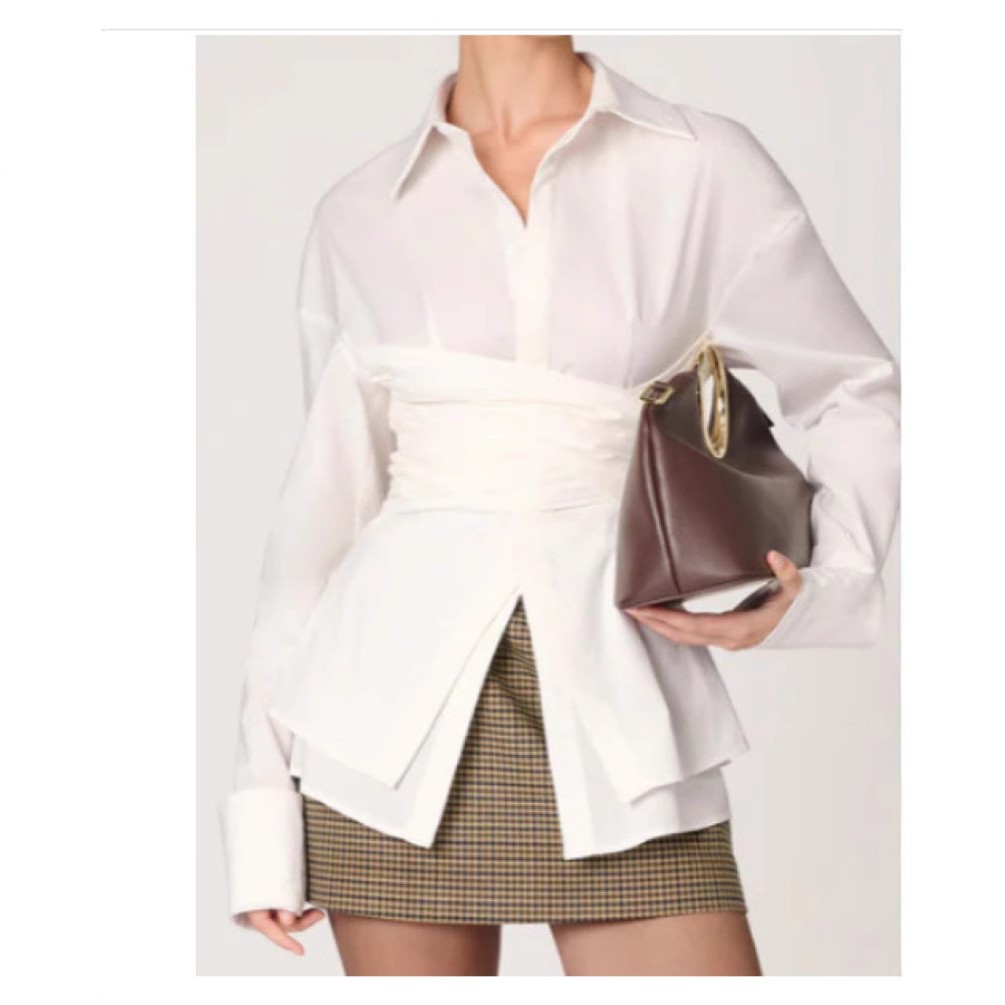 跨境欧美春秋新品气质通勤褶皱收腰成熟束腰设计长袖优雅衬衫