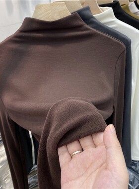 欧美纯色半高领德绒磨毛小衫女秋冬季加绒长袖恤保暖上衣