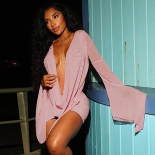 网纱荡领大摆长袖 新款 露背连衣裙女 夏季 欧美女装