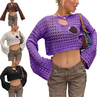 欧美辣妹风亚马逊性感不规则镂空针织女罩衫 跨境外贸夏季 新款