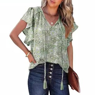 休闲宽松衬衫 亚马逊跨境外贸女式 领女式 上衣花卉短袖 夏季