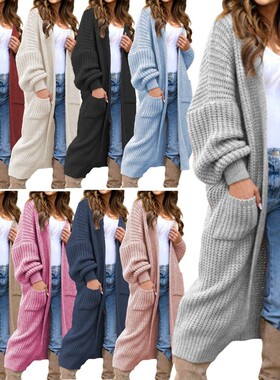 跨境秋冬新款针织衫欧美长款大码口袋外套亚马逊宽松纯色开衫毛衣