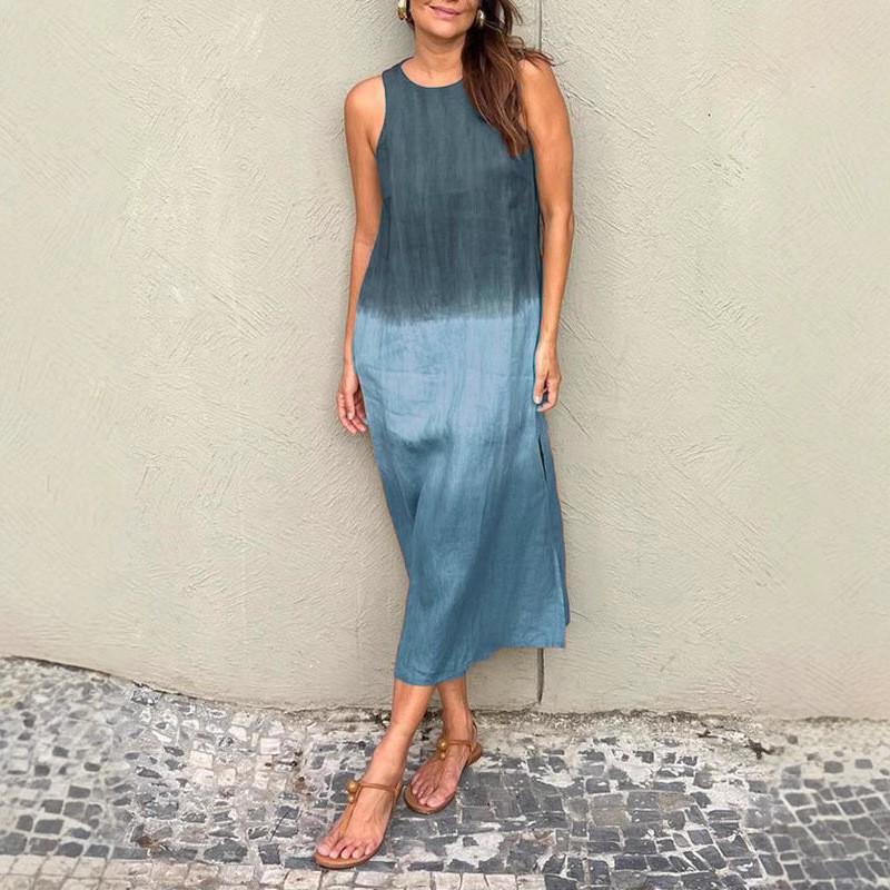 亚马逊跨境女装欧美夏季女式休闲棉麻无袖开衩渐变连衣裙