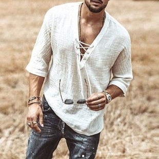 恤衬衫 欧美新款 胸口系带鸡眼中袖 男士 亚马逊爆款