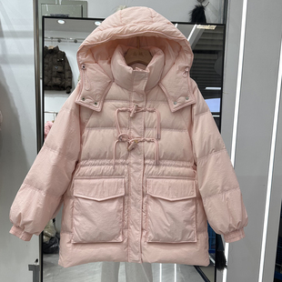 秋冬韩版宽松大码羽绒服女中长款连帽收腰竹节扣加厚白鸭绒外套