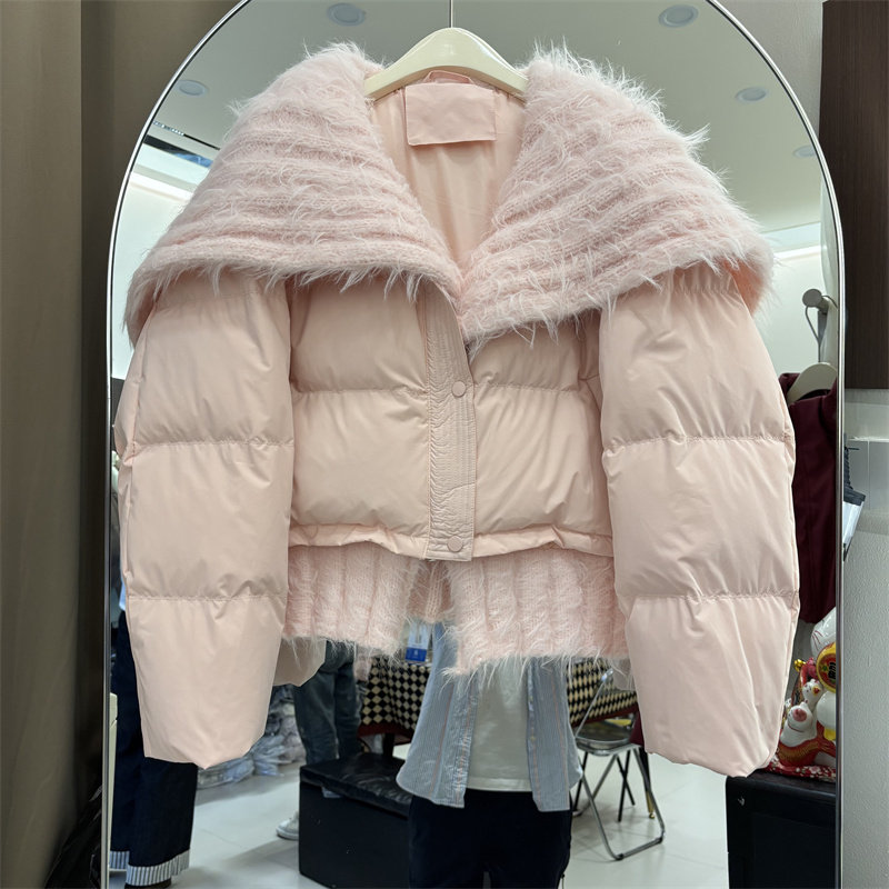 秋冬韩版宽松拼接皮毛大翻领羽绒服女短款加厚保暖小众洋气外套