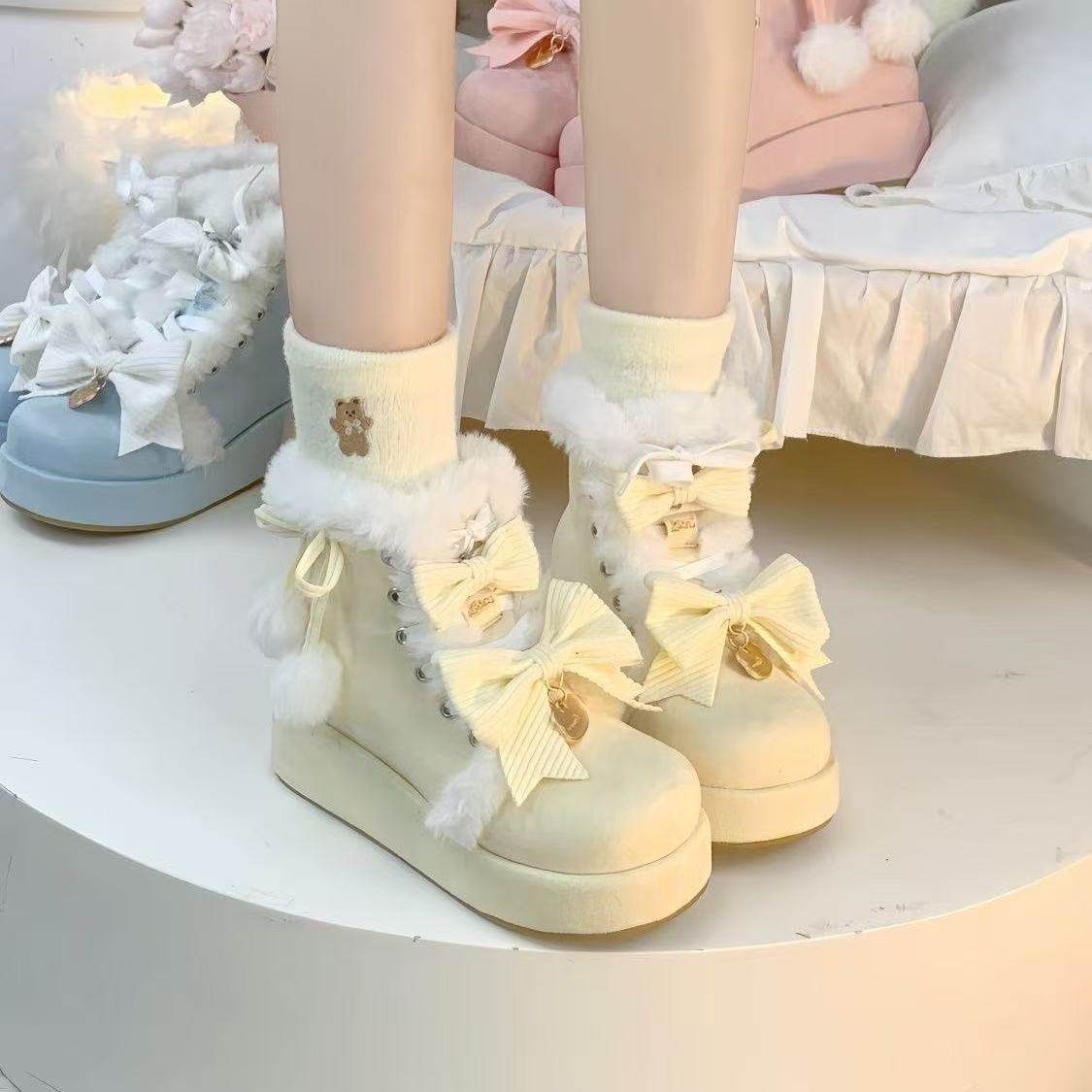 洛丽塔毛球蝴蝶结加绒雪地靴