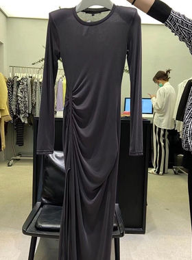 2025春夏新款褶皱开叉连衣裙女高腰显瘦气质圆领含垫肩莫代尔长裙