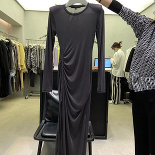 2025春夏新款 褶皱开叉连衣裙女高腰显瘦气质圆领含垫肩莫代尔长裙