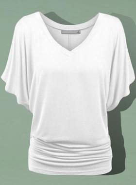 夏季新款大码v领t恤女莫代尔飞飞袖遮肚显瘦上衣百搭宽松中长款潮