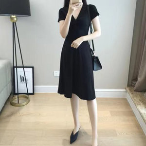 显瘦夏季新款连衣裙女莫代尔V领a字裙气质收腰中长款短袖包臀长裙
