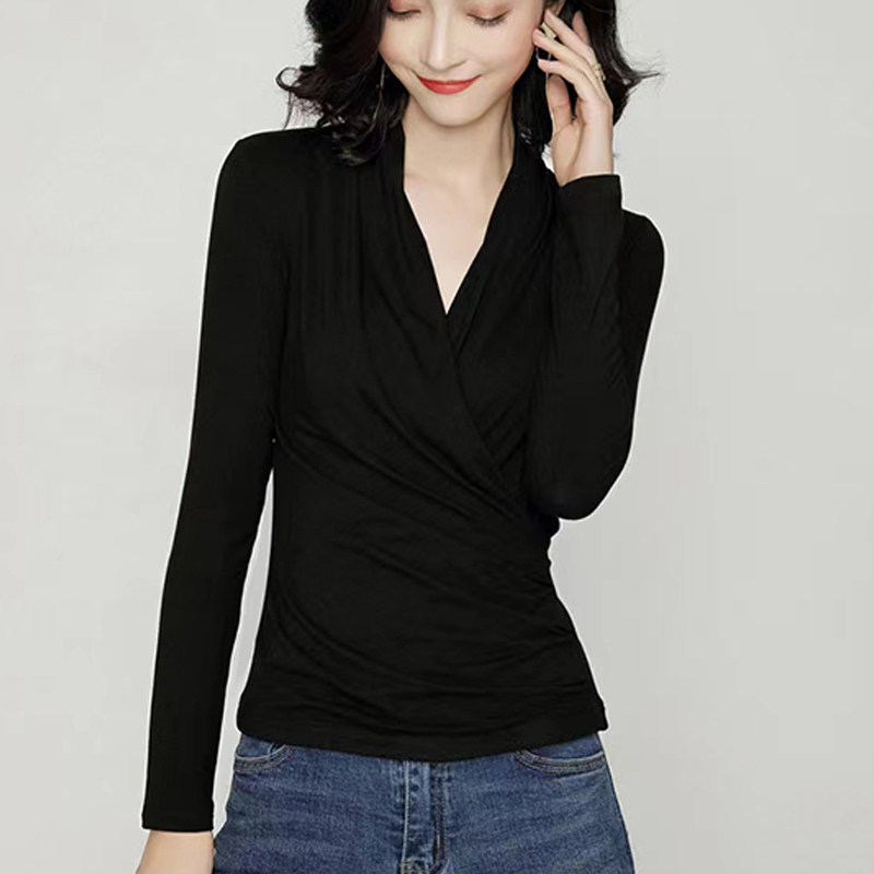 百搭春季新款打底衫女收腰遮肚子褶皱下摆长袖T恤V领修身显瘦上衣
