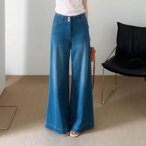 双扣高腰阔腿牛仔裤女遮肉显瘦