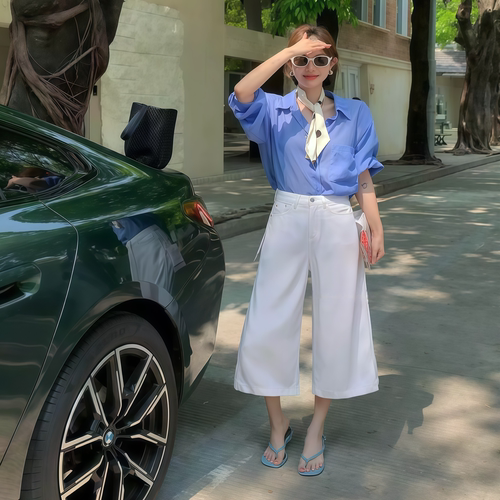 夏季天丝莱赛尔白色阔腿七分裤女