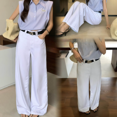 Limitless 白色细闪天丝直筒裤女夏季薄款高腰垂感宽松百搭休闲裤