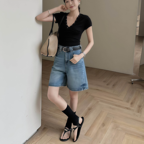 高腰浅蓝五分牛仔短裤女阔腿中裤