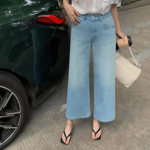 高腰八分直筒牛仔裤女简约阔腿裤