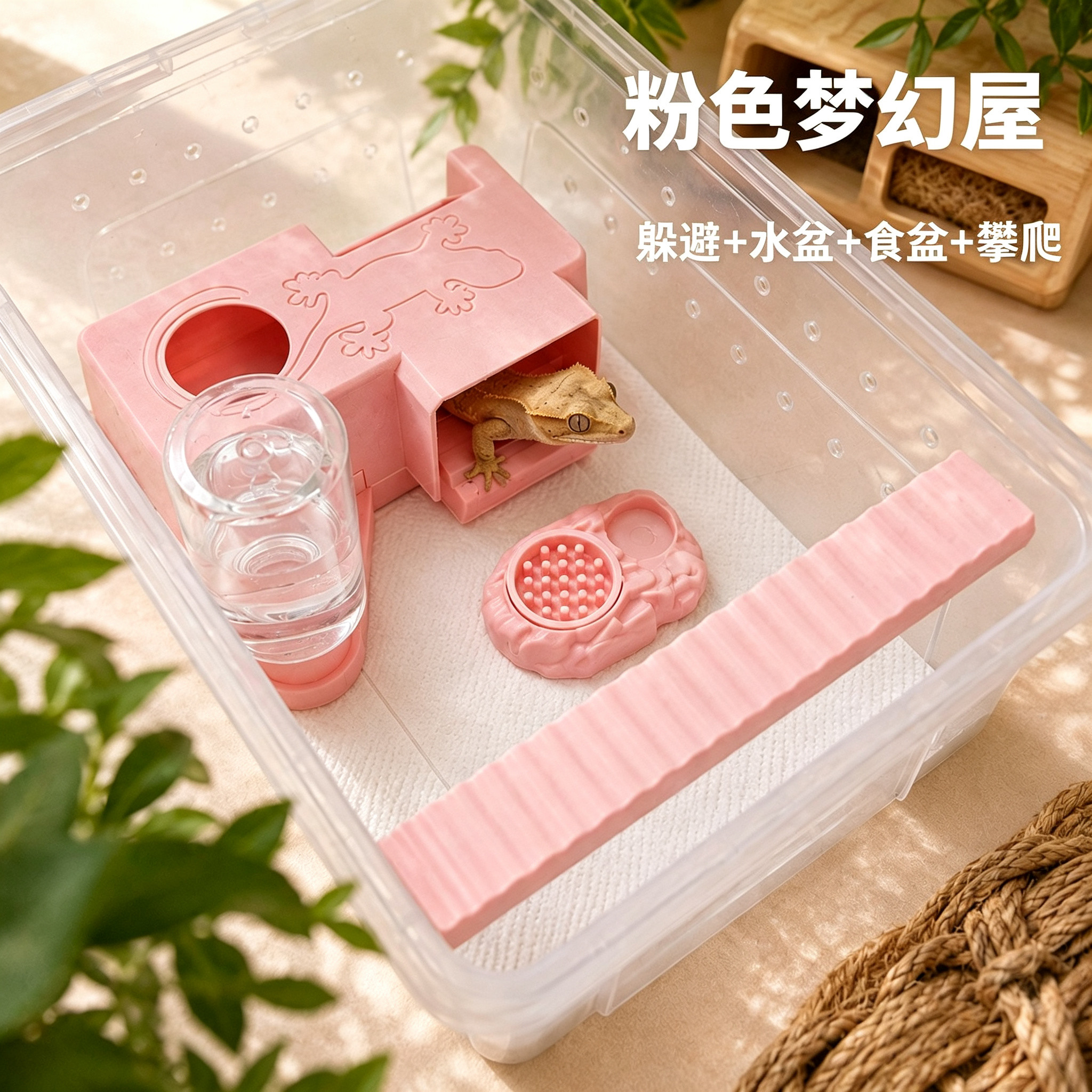 爬宠饲养套装高颜值睫角守宫食盆攀爬梯玩具守宫自动加湿躲避屋