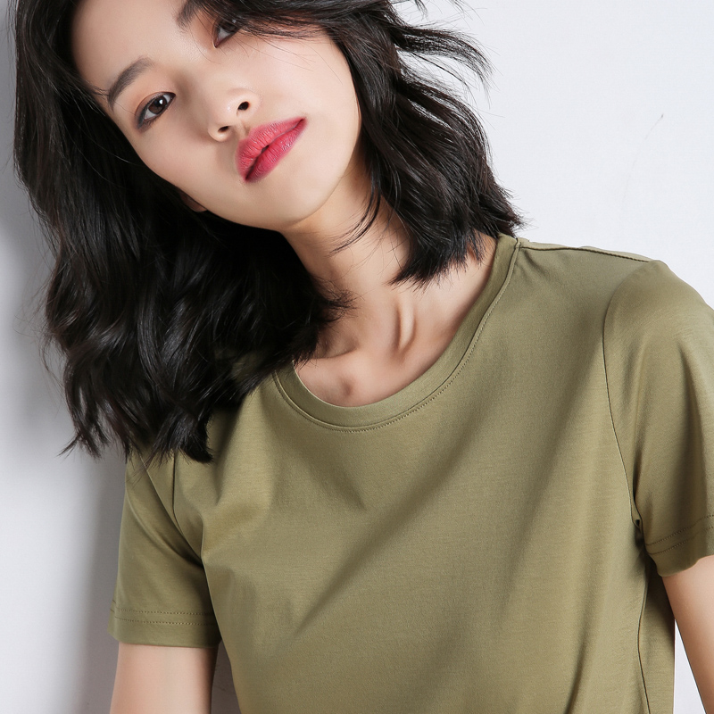 牧都兰纯棉春夏装女上衣ins潮圆领短袖修身打底T恤纯色修身上衣