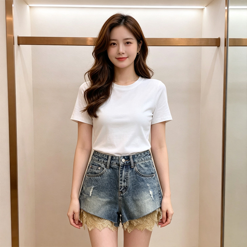 皇冠艾薇2026夏季新款百搭美式风复古蕾丝拼接高级高腰牛仔短裤女