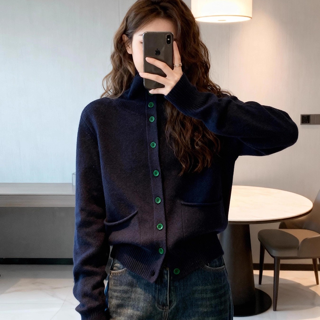 羊绒衫深蓝色miu系针织开衫女小个子慵懒高级感毛衣外套秋冬上衣